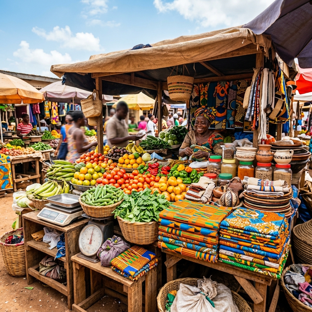 Étal de marché coloré rempli de marchandises fraîches