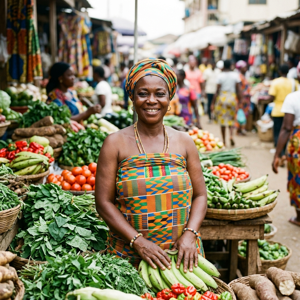 Aminata souriante dans son étal de marché